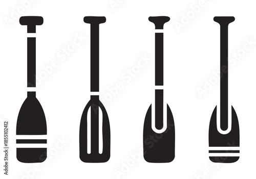 Four different canoe and kayak paddles in a sleek black silhouette design, representing water sports and outdoor recreation equipment.
