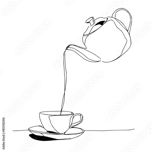 Teapot pouring liquid into a cup on a saucer in a minimalist single line drawing style illustration