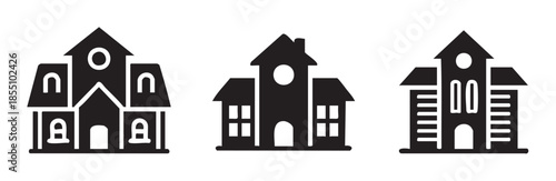 Three haunted houses icons with spooky architectural details, featuring various rooflines, windows, and entrances in a minimalist black silhouette style.