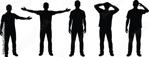 Male silhouettes showing standing gestures and body language poses, representing communication, emotion, confidence, attitude and modern human expression on white background