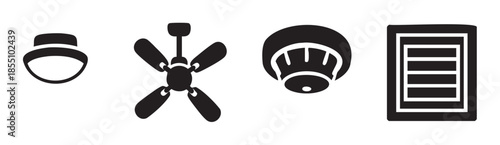 Simple black and white icons representing various household items including a bowler hat, ceiling fan, smoke detector, and window blind in a clean, modern style.