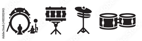 Various percussion instruments drums and cymbals icons set representing musical equipment for rhythm, beat, and sound creation in a modern band.