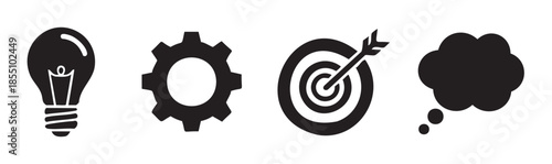 Lightbulb, gear, target, and thought bubble icons illustrating the essential elements of business strategy, innovation, and successful project execution.