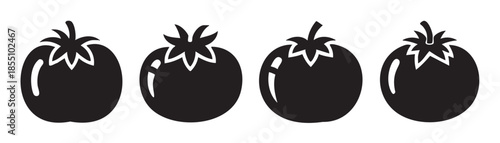 Four stylized tomato vegetable icons in a row, presented as simple black silhouettes with subtle white outlines and highlights, perfect for graphic design.