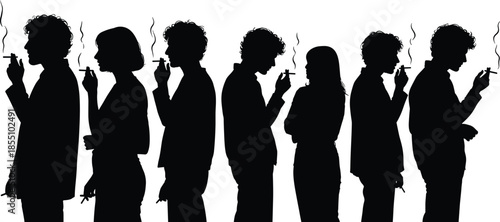 People smoking cigarette silhouettes in profile showing addiction, unhealthy lifestyle, social habits, health risks and urban culture on white background