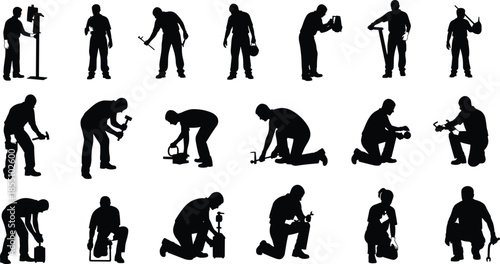 Worker silhouettes using tools and machinery in different poses, representing construction, maintenance, repair work, labor skills and industrial professions on white background