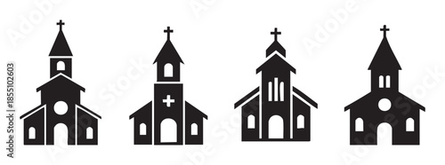 Four distinct church building icons with steeples and crosses symbolizing faith, religion, and spiritual worship in a simple vector illustration.