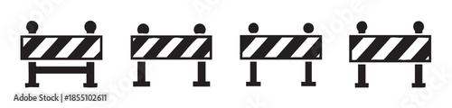 Four black and white striped construction barriers with lights are displayed as simple graphic icons representing roadwork and safety warnings.