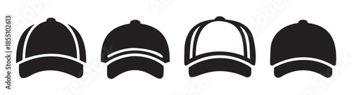 Baseball caps icons set vector illustration featuring four different styles of headwear for sports, fashion, and casual apparel design elements.