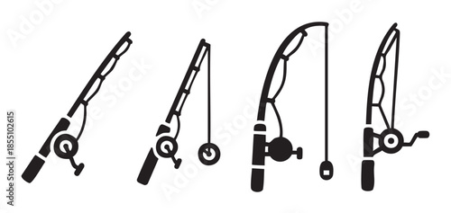 Four different fishing rods depicted in a simple graphic style, showcasing various designs for angling and recreational fishing activities.