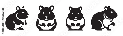 Four cute hamsters in various poses depicted as simple graphic icons, showcasing their adorable and playful nature in a clean, minimalist style.