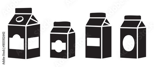 Four milk cartons in a row with various label designs, depicting common packaging for dairy, juice, or other liquid food products in a simple graphic style.