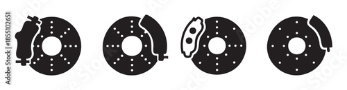 Car brake discs with calipers are essential automotive components for ensuring vehicle safety and stopping power, depicted here as simple black vector icons.