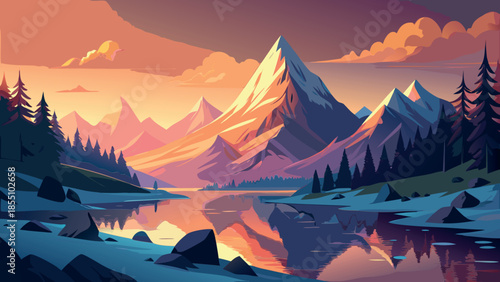 Majestic Mountain Landscape Illustration with Pine Forest and Lake at Sunset