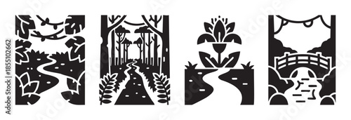 Nature landscapes vector illustrations depicting various outdoor scenes with paths, trees, flowers, and a bridge in a graphic black and white style.
