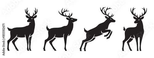 Four deer silhouettes with antlers in various poses, showcasing different movements and elegant forms of these majestic forest animals.