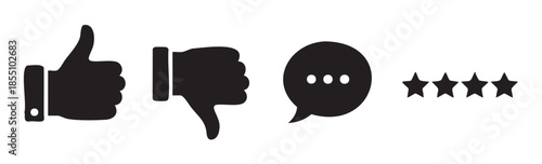 Feedback and review icons representing like, dislike, comment, and star ratings are presented as a clean, modern graphic for user engagement.