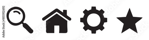 Search home settings and star interface icons representing common navigation and utility functions for digital applications and web design.