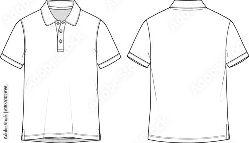 Men short sleeve polo shirt technical fashion flat sketch, front and back view apparel design illustration vector template