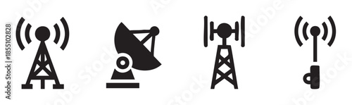Communication tower satellite dish antenna icons set illustrates modern wireless broadcasting and global data transmission technologies.