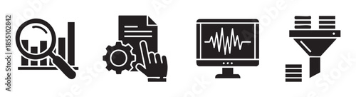 Data processing and analytics icons representing various business operations, including research, management, monitoring, and filtering information for efficiency.