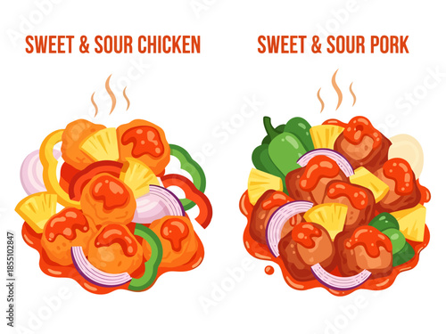 Sweet and Sour Chicken and Pork Dishes Presented Side by Side