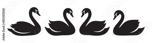 Four black swan silhouettes arranged in a row, with the two central birds facing each other, forming an elegant and symmetrical design.