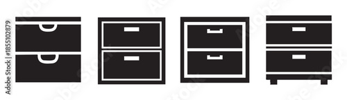 Filing cabinet icons, four different black silhouette designs representing versatile storage solutions for office and home organization.