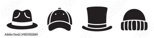 Different styles of hats are displayed in a simple graphic illustration, showcasing a variety of headwear designs from classic to casual.