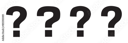 Four black question marks symbolize inquiry and uncertainty, representing a search for answers, a complex problem, or the unknown in various business and educational contexts.