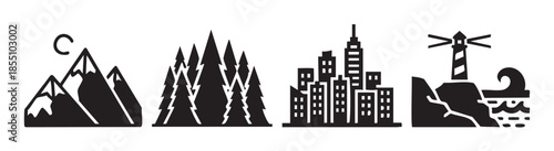 Mountains, forest, city, and lighthouse icons represent diverse natural and urban landscapes, showcasing various environments with a clean, minimalist graphic design.