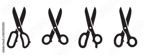 Four black silhouette scissors icons are displayed in a horizontal row, representing essential tools for cutting, crafting, and tailoring activities.