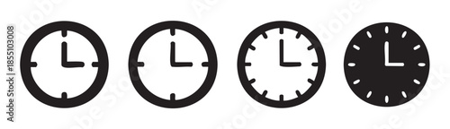 Four simple clock icons representing time and scheduling concepts, perfect for illustrating deadlines, punctuality, and daily routines in various digital and print designs.