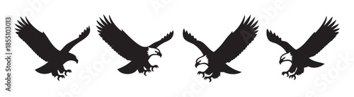 Four powerful eagles in dynamic flight poses, showcasing their majestic wingspan and sharp talons, rendered as bold black and white graphic silhouettes.