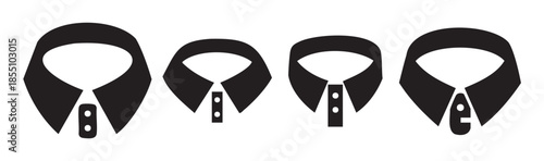 Four black shirt collar icons with buttons, representing various styles of formal wear and fashion elements in a clean, minimalist graphic design.