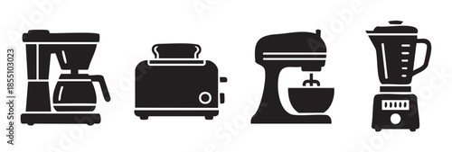 Kitchen appliances set of four essential household devices including a coffee maker, toaster, stand mixer, and blender, presented as black silhouette icons.