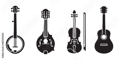 Four distinct musical stringed instruments are elegantly depicted as black silhouettes, showcasing the beauty of music and traditional folk sounds.