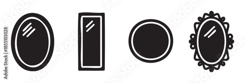 Set of various mirror icons with different shapes and decorative frames, perfect for illustrating home decor, beauty, and reflection concepts.