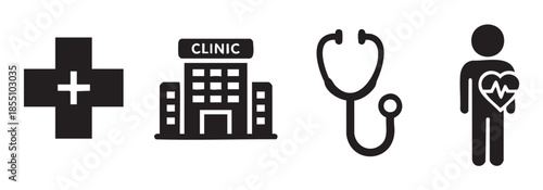 Medical icons representing healthcare services and patient well-being, including a cross, clinic building, stethoscope, and human heart.