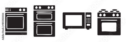 Various kitchen cooking appliances, including ovens, microwave, and stove, presented as simple black silhouette icons for domestic use.