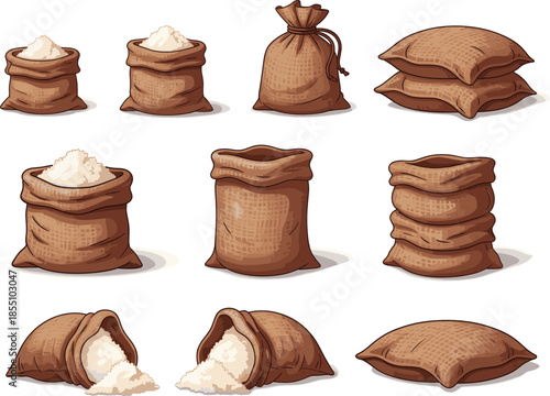 Vector illustration set of burlap sacks and canvas bags filled with white flour or grain isolated on white background for agricultural design.