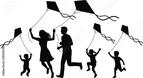 Family Flying Kites in Silhouette Against White Background black