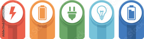 Modern colorful energy and electricity icon set with battery, plug, lightning and power symbols, clean UI illustration design