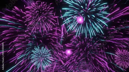Vibrant Pink and Teal Fireworks Exploding in a Dark Night Sky Keywords: fireworks, celebration, night, sky, explosion, pyrotechnics, display, festive, bright, colorful, light, event, anniversary