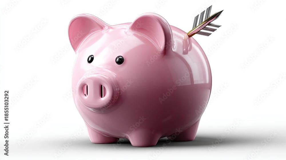 Obraz premium Piggy Bank Target: An image of a pink piggy bank, pierced with an arrow, symbolizes financial goals, investment risk, and the pursuit of financial objectives. 