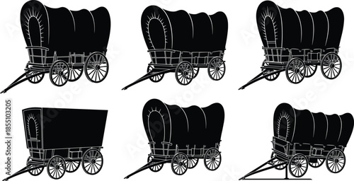 Five black and white line of covered wagons with different perspectives line black and white