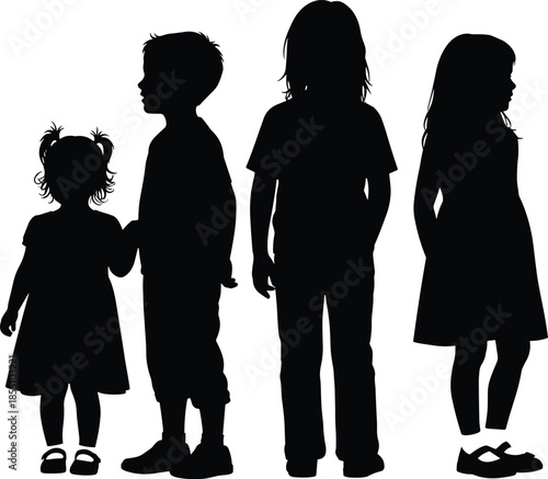 Four Children Silhouettes Standing Side by Side in Black and White kids