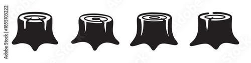 Four tree stumps are depicted in a simple, stylized black and white vector illustration, showcasing the natural rings of cut wood.