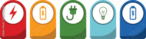 Modern colorful energy and electricity icon set with battery, plug, lightning and power symbols, clean UI illustration design