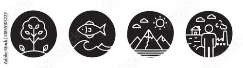 Nature and environmental icons depicting trees, fish, mountains, and human industry in a clean, minimalist black and white graphic design.